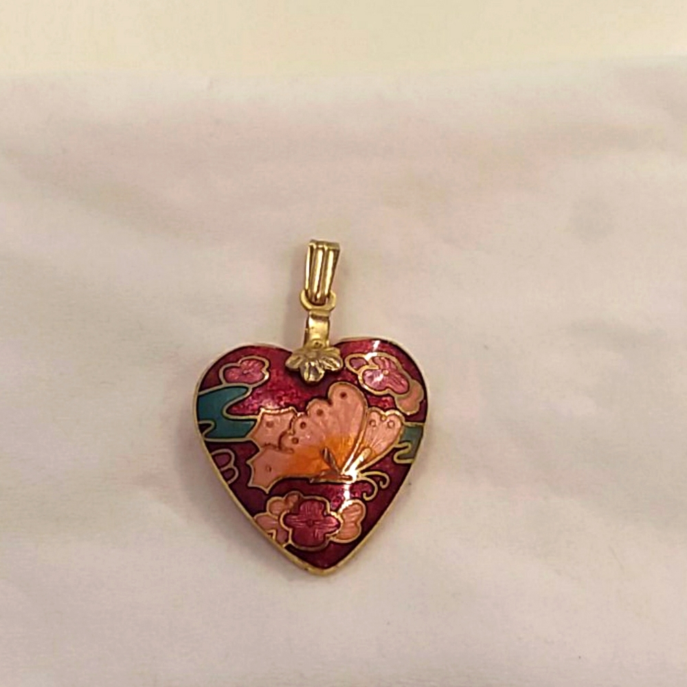 ❤️Vintage Enameled Cloissine Pink Heart Necklace Charm Valentine's Day
